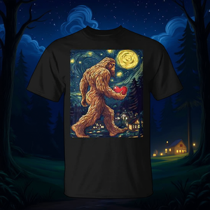 Camiseta con Diseño de la Noche Estrellada de Van Gogh y Bigfoot Sasquatch para el Día de San Valentín - Camiseta Promocional - Product Image 3