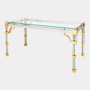 Bureau avec plateau en verre trempé, finition brun chaud, structure en laiton et acier inoxydable, forme rectangulaire, garantie 1 an - Product Image 1