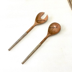 Premium Handle Design <b>Salad</b> <b>Server</b> Durable Wood <b>Salad</b> Mixing Dinner Fork & Spoon Long Handle <b>Salad</b> <b>Server</b> with Wicker Handle - Product Image 3