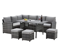 Ensemble de table et canapé sectionnel moderne 2022 en rotin foncé pour extérieur, avec plateau en verre réglable en hauteur, idéal pour la maison, l'hôtel ou le style farmhouse.