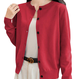 Womens Red Knit <b>Cardigan</b> <b>Sweater</b> Long Sleeve Button Front Neck Casual Simple Winter Smart Top Office Daily Wear Style Fits - Product Image 5
