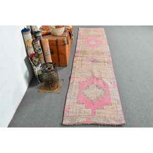 พรมวินเทจสไตล์ตุรกี ขนาด 2.2x10.1 ฟุต สีชมพู-น้ำตาล ลายดอกไม้ - Product Image 1