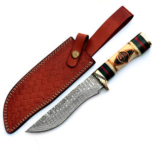 Cuchillo de caza de acero de Damasco de hoja fija hecho a mano personalizado con mango de madera grabado y Funda de cuero OEM - Product Image 1