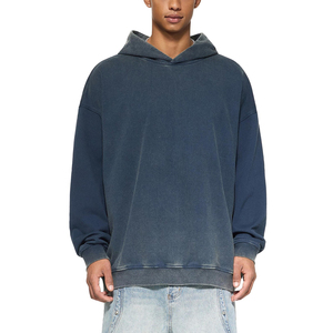 Sweat-shirt à capuche en coton classique pour homme, confortable, pull-over vintage, lavage délavé, bleu foncé, coupe ample, streetwear - Product Image 3