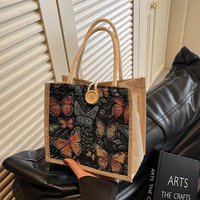 Tas Tote Jute Ramah Lingkungan Berkualitas Tinggi Bergaya Vintage Cottagecore dengan Pegangan Tali Katun Jacquard Motif Kupu-kupu dan Kancing Kayu