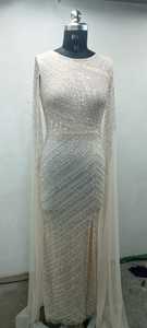 Robe de soirée pleine longueur pour femmes-Manches en voile brodées de perles en maille poly-perlage antistatique-Robe de cocktail élégante - Product Image 4