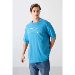 Camiseta TOMMYLIFE para Hombre, Cuello Redondo, Estampado Oversize, Estilo Casual, Tejido de Mezcla de Algodón, Modelo 88326, Azul Petróleo - Product Image 1