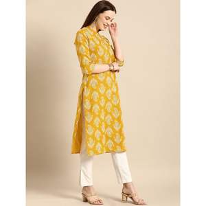 Kurta Anarkali de Algodón y Georgette con Estampado Floral Amarillo para Mujer, con Cuello Mandarín, Suave Sari y Vestido Salwar Indio - Product Image 4