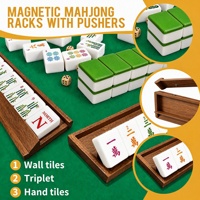 Support de rangement pour tuiles de mahjong en bois massif avec sac de rangement en velours, lot de 4 supports à grain de bois clair pour soirées jeux