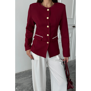 Veste col rond bordeaux avec détail de passepoil sur les poches pour femme, blazers élégants - Product Image 5
