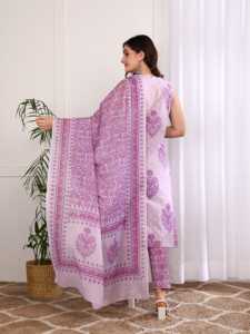 Conjunto de Kurta, Pantalón y Dupatta de Algodón con Estampado Floral para Mujer, Estilo Étnico Lavanda, Cuello con Abertura, Sin Mangas, Largo hasta la Pantorrilla - Product Image 2