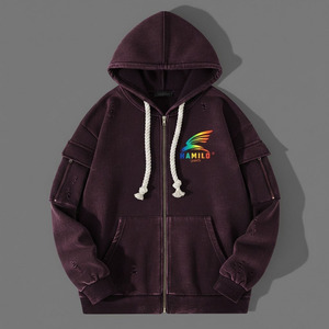 เสื้อฮู้ดดี้โอเวอร์ไซส์สำหรับผู้ชาย HAMILO แบบมีซิป สีพื้น ผ้าฝ้ายเฟรนช์เทอร์รี่ สวมใส่สบายๆ สำหรับฤดูใบไม้ร่วง มีกระเป๋าหน้าและโลโก้ - Product Image 5