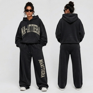 Conjunto de Sudadera con Capucha y Cremallera Oversize Personalizada y Pantalones Anchos de Felpa de Algodón Liso para Mujer, Chándal de Dos Piezas Estilo Urbano - Product Image 1