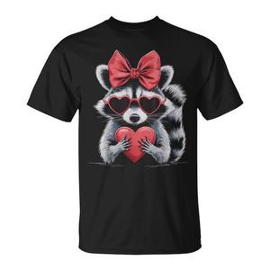 T-shirt da donna con stampa digitale a maniche corte e girocollo, motivo procione con cuore e fiocco, per San Valentino - Product Image 1