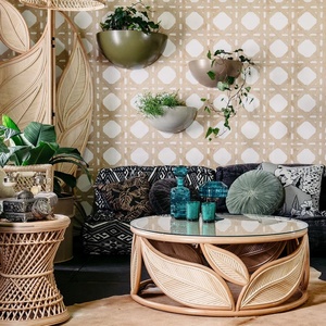 Table basse ronde en rotin naturel faite à la main de haute qualité avec dessus de table en verre OEM taille personnalisée basse quantité minimale de commande acceptable Made in Vietnam - Product Image 3