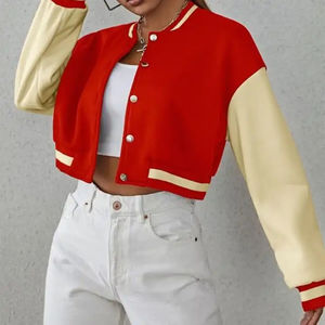 Chaqueta universitaria recortada de Estilo Vintage para mujer, nueva chaqueta de cuero bordada a la moda, venta al por mayor, logotipo personalizado, algodón teñido liso - Product Image 1