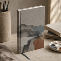 Carnet de notes LABON personnalisé, motif montagne abstraite, couverture rigide en tissu gris, pages à grille de points, ruban bleu