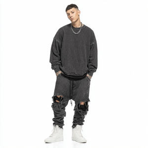 Ensemble de survêtement en molleton surdimensionné à lavage acide brodé, jogging ample, lavage vintage, survêtement pour homme, sweat-shirts à épaules tombantes pour l'hiver - Product Image 1