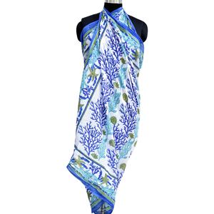 Sarongs traditionnels en coton pour femmes faits à la main Sanganeri bloc floral imprimé maillots de bain pour adultes paréos blancs en gros - Product Image 2