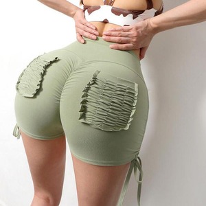 Wholesale High-waist <b>Lace</b>-up Pleated Sports Shorts Women's Hip-lift Elastic Running Pocket Yoga Fitness Push up Shorts - Product Image 6