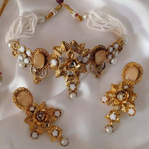 Elegant Indian <b>Pakistani</b> Ethnic Stainless Steel Silver Plated <b>Set</b> Featuring Traditional Kundan Meenakari Pearl Embellishments - Product Image 1