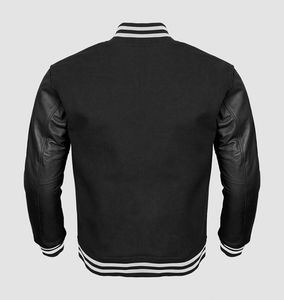 Custom Made Winter Varsity <b>Jacket</b> with <b>White</b> Leather Sleeves & Black Wool Body <b>Waterproof</b> Knitted Processing for Letterman - Product Image 6