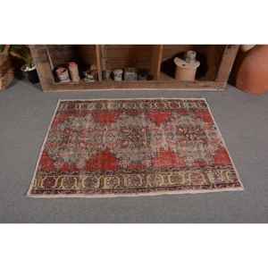 <b>Vintage</b> Turkish <b>Rug</b> Red Beige 3.2 X 4.4ft Large Area Woolen Patchwork Design for Hallway or Bedroom Latex Backed - Product Image 4