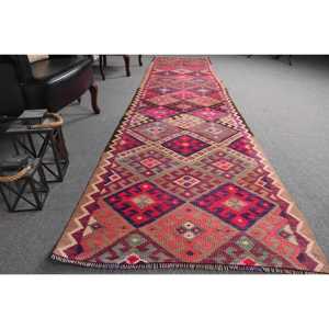 Vintage Kilim <b>Runner</b> Rug 3.1x13.1 ft (94x399 cm), Turkish <b>Red</b> Striped Wool Rug - Product Image 3