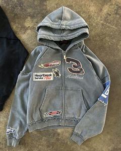 Custom Zip-Up <b>Hoodie</b> Polyester/Cotton Heavyweight Winter Breathable Distressed Patch Embroidery Double Hood <b>Hoodie</b> - Product Image 2
