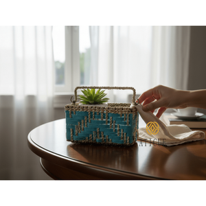 Compact Hamper Organizer 8x4x5 Inch Recycled <b>Plastic</b> and Cotton <b>Basket</b> with Handle for Living Room - Product Image 2