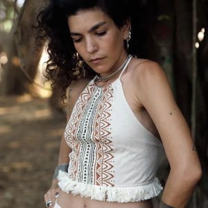 Tribal <b>Crop</b> <b>Top</b> 100% Cotton Hand Block Print and <b>Fringes</b> Halter Collar Casual Short Length Breathable Knitted Fabric - Product Image 1