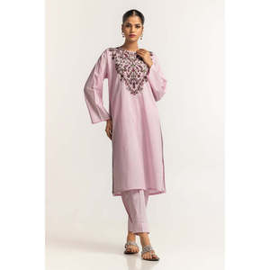 Chemise décontractée prête à porter en lin rose teint avec broderie florale et pantalon assorti en tissu Nep Lawn - Product Image 1