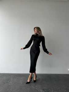Lụa đen mở lại Midi Dress với giám mục tay Áo cao cổ phong cách ngọt ngào vòng eo tự nhiên thân thiện với môi trang trí ren - Product Image 2