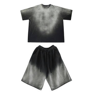 2025 hommes lavage à l'acide coton T-Shirt Shorts ensemble respirant été Streetwear décontracté 2 pièces surdimensionné à la mode Combo vente chaude - Product Image 1