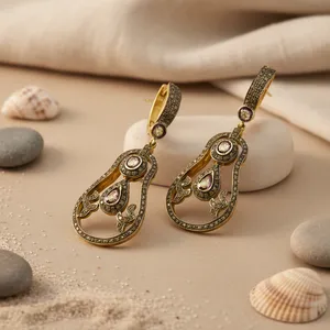 Women's Teardrop <b>Earrings</b> with Diamonds Gold Plating <b>Fine</b> Jewelry - Product Image 2