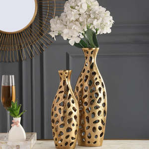 Juego de 2 Jarrones de Flores Perforados de Aluminio Nórdico 2026, Jarrones de Metal Dorados para Decoración del Hogar, Gran Venta - Product Image 1