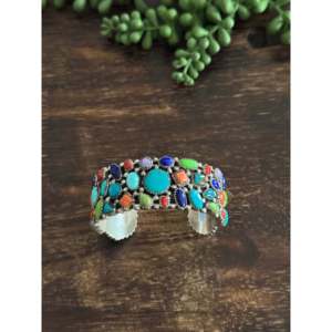 Vintage Navajo Multi-Stone & Sterling <b>Silver</b> Cluster <b>Cuff</b> <b>Bracelet</b> Fashion Jewelry - Product Image 1