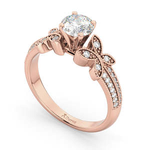 18K Rose Gold Butterfly Milgrain Diamond Engagement Ring 0.25ct Elegant <b>Wedding</b> Band - Product Image 3