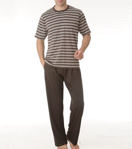 Ensemble de pyjama décontracté pour homme en coton 100% teint en fil, à manches courtes, rayé, avec poches, en tissu tricoté respirant - Product Image 1