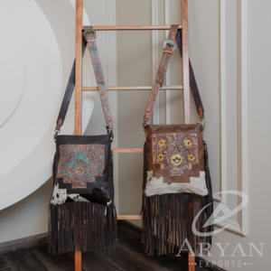 Nueva llegada occidental real hecho a mano pelo en piel Tooled cuero flecos Sling Bag mujeres elegantes ocultas llevar Casual bandolera - Product Image 3