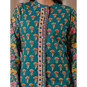 Blusa de Algodón Popelín con Estampado Floral Verde Oscuro y Cuello con Volantes Vintage, Talla Única y Opciones XL para Mujer - Product Image 2