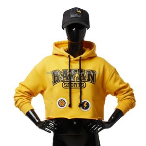 Premium <b>Women</b> Crop <b>Top</b> Hoodie 300 GSM Soft Fleece Fabric in <b>Yellow</b> Color with Embroidered Custom Logo and Printed Patch Design - Product Image 1