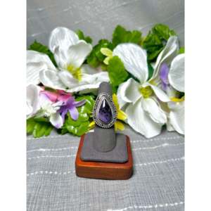 Navajo Handmade <b>Adjustable</b> Sterling Silver <b>Ring</b> Charoite Gemstone for Boho Everyday Wear Featuring Natural Turquoise Stone Cut - Product Image 1