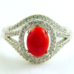 Elegant Silver Fashion Ring with Natural Red <b>Coral</b> Oval Cabochon - Product Image 2