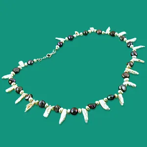 Collier bohème en argent 925 avec perles d'eau douce blanches et formes irrégulières, style vintage AAA pour femme, à porter au quotidien - Product Image 1