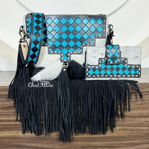 Conjunto de Bolso Bandolera Cruzado a Cuadros de Alta Demanda Estilo Occidental 2025 y Cartera Bifold de Cuero Repujado a Mano para Mujer - Product Image 1