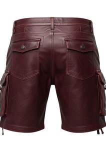 Pantalones Cortos Cargo de Cuero Genuino Color Vino Tinto para Hombre, de Primera Calidad, con Bolsillos Utilitarios, a la Moda - Product Image 3