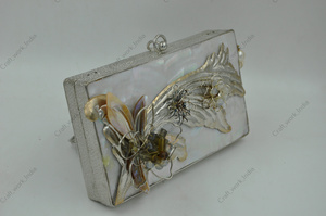 Handcrafted Mother of Pearl <b>Silver</b> Frame Clutch with Sculpted Floral Motif Pearl Tassel Luxury Bridal <b>Evening</b> <b>Bag</b> - Product Image 2