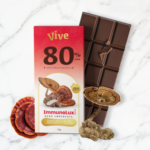 Vive ImmunoLux Sugar-Free 80% Dark <b>Chocolate</b> Bar with Tiger's Milk Mushroom & Reishi 55g Bulk - Product Image 1