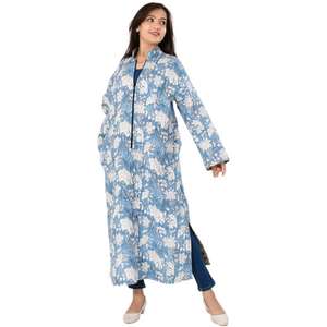 Veste longue faite à la main en coton imprimé de blocs avec manteau superposé de style bohème zippé pour femmes, vêtements d'extérieur ethniques élégants pour l'hiver et l'automne - Product Image 2